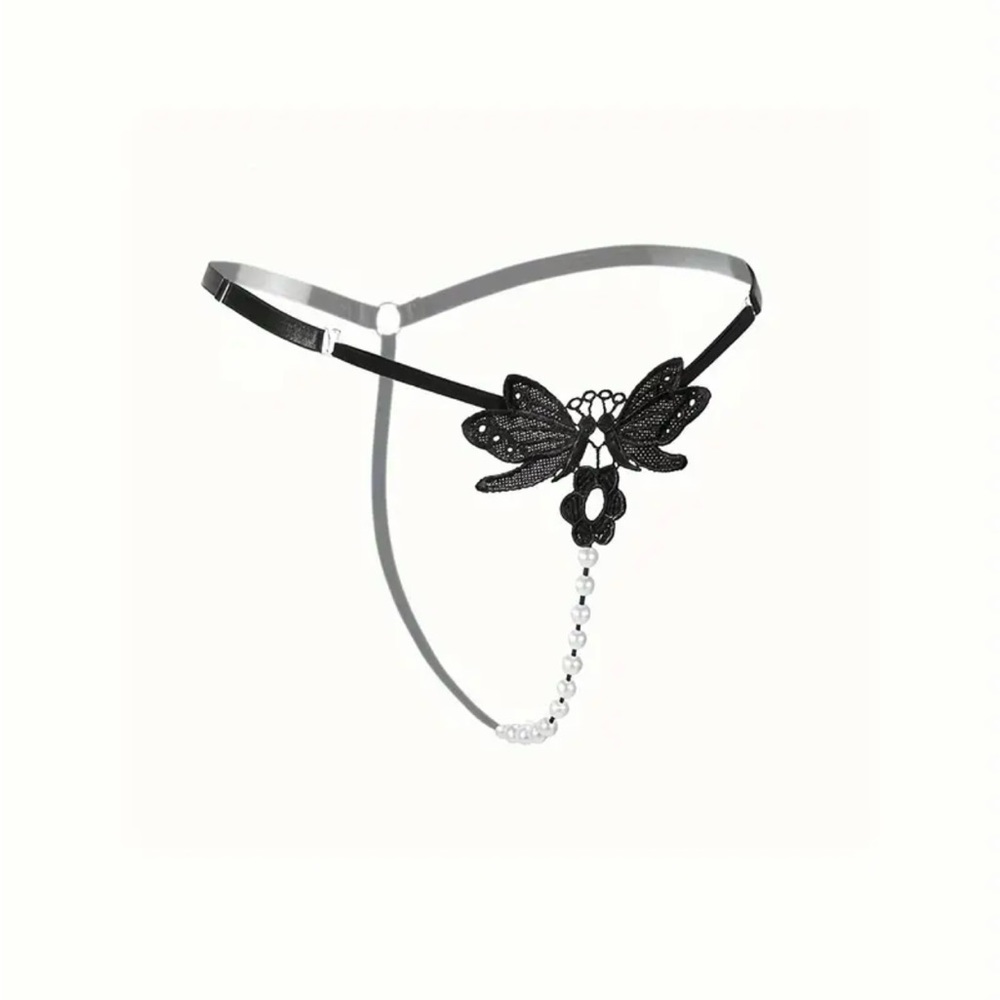 Black Butterfly Embroidery Thongs Hollow Out Faux Pearl Panties One Size - Picture 5 of 6